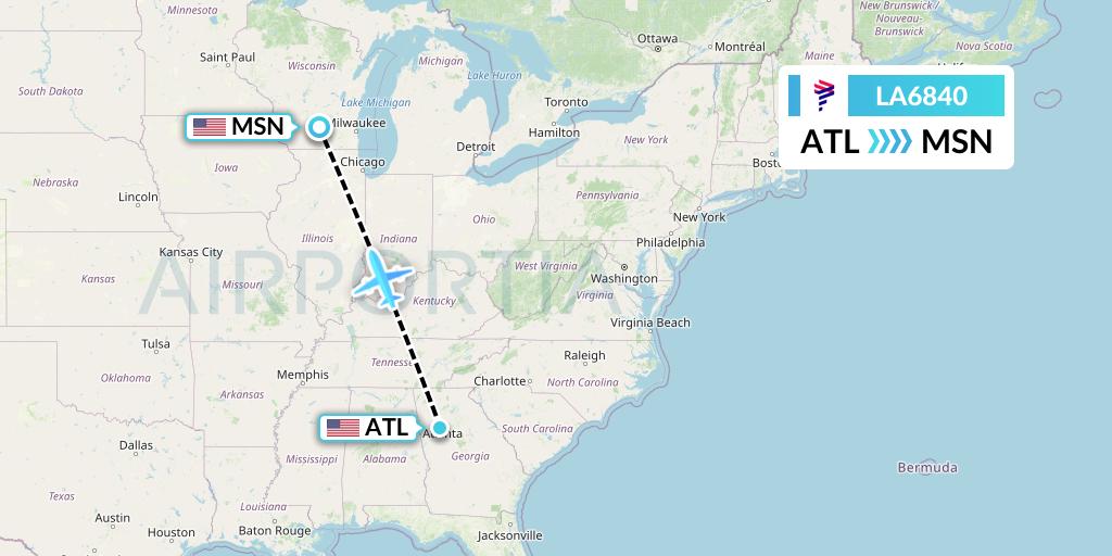 LA6840 LAN Airlines Flight Map: Atlanta to Madison