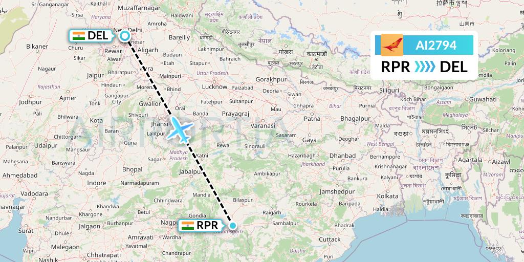 AI2794 Air India Flight Map: Raipur to Delhi