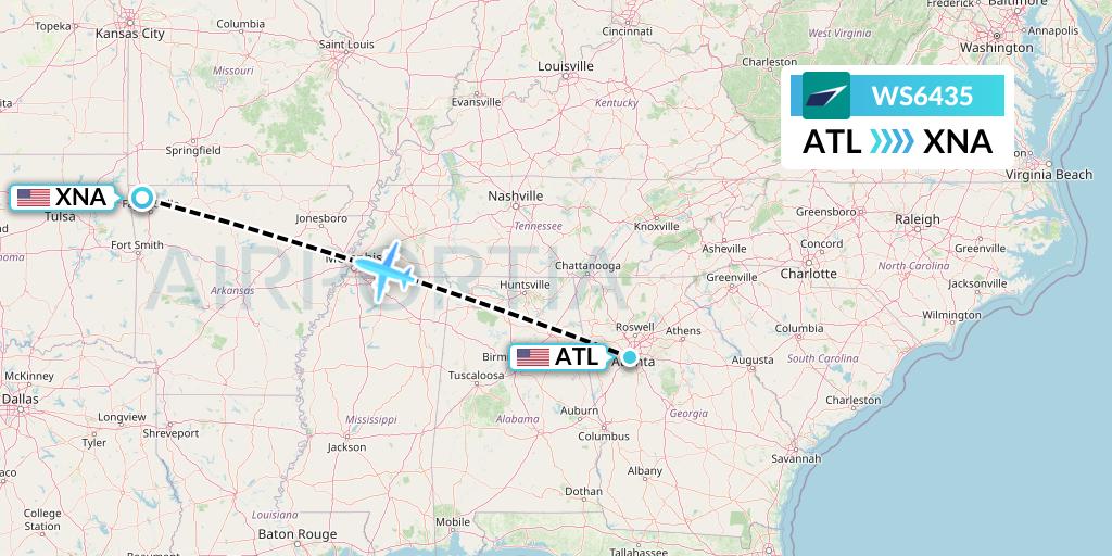 WS6435 WestJet Flight Map: Atlanta to Bentonville