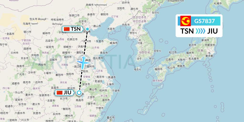 GS7837 Tianjin Airlines Flight Map: Tianjin to Jiujiang