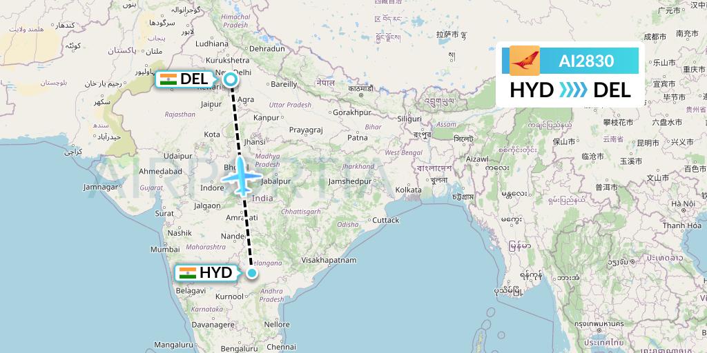 AI2830 Air India Flight Map: Hyderabad to Delhi