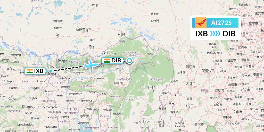 AI2725 Air India Flight Map: Siliguri to Dibrugarh