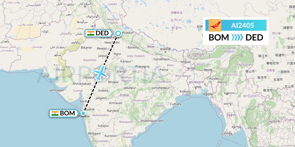 AI2405 Air India Flight Map: Mumbai to Dehradun