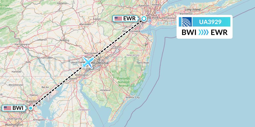 UA3929 United Airlines Flight Map: Baltimore to New York