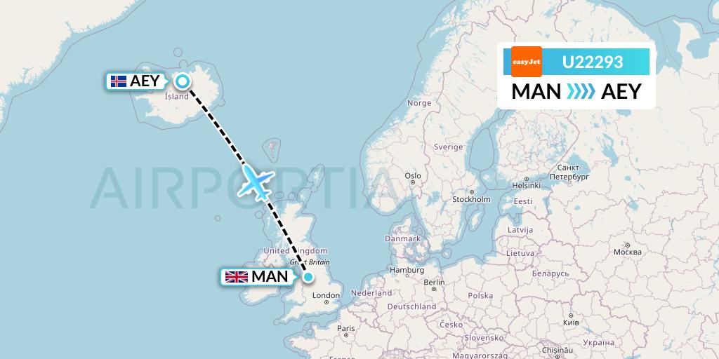 U22293 EasyJet Flight Map: Manchester to Akureyri