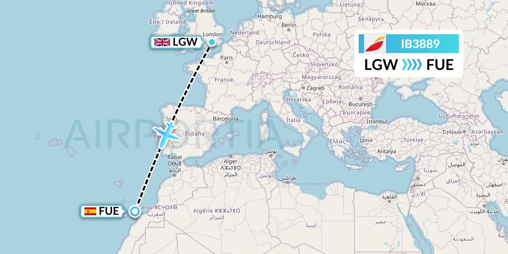 IB3889 Iberia Flight Map: London to Fuerteventura