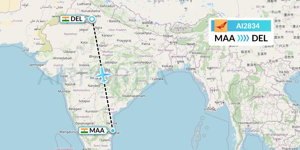 AI2834 Air India Flight Map: Chennai to Delhi