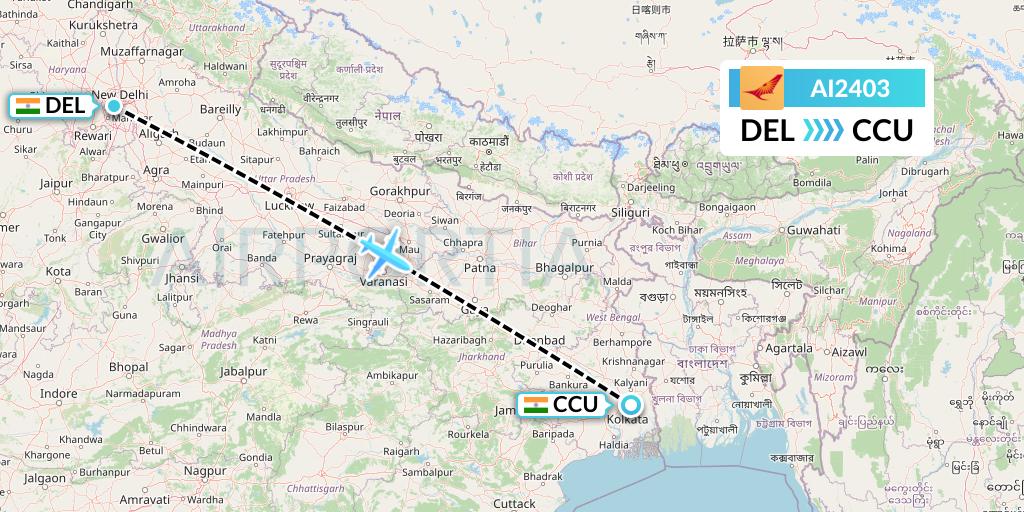 AI2403 Air India Flight Map: Delhi to Kolkata