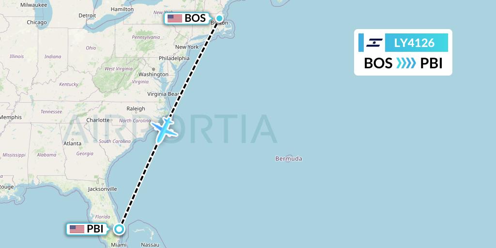 LY4126 El Al Flight Map: Boston to West Palm Beach