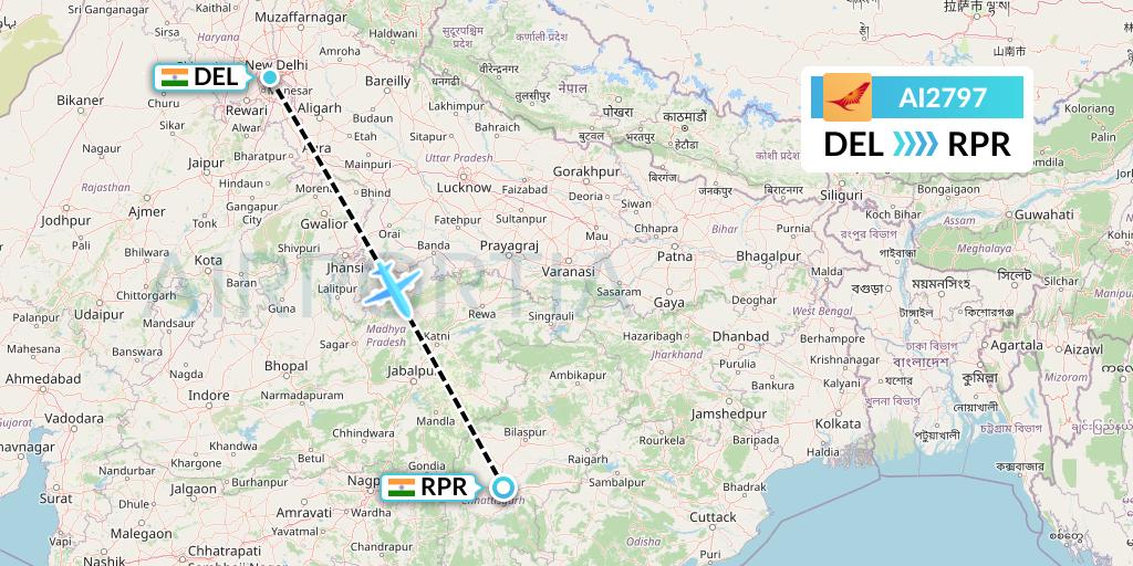 AI2797 Air India Flight Map: Delhi to Raipur