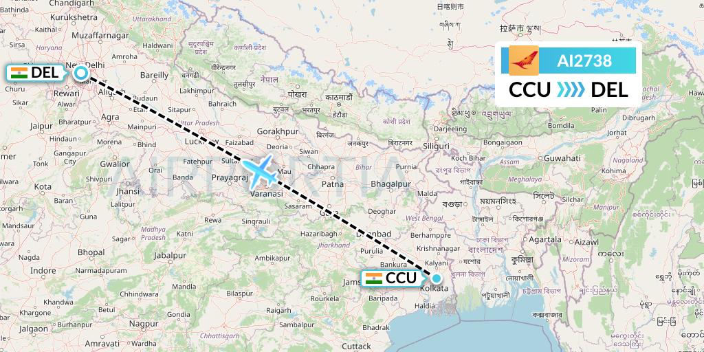 AI2738 Air India Flight Map: Kolkata to Delhi