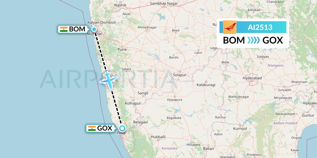 AI2513 Air India Flight Map: Mumbai to Goa