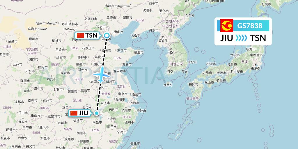 GS7838 Tianjin Airlines Flight Map: Jiujiang to Tianjin