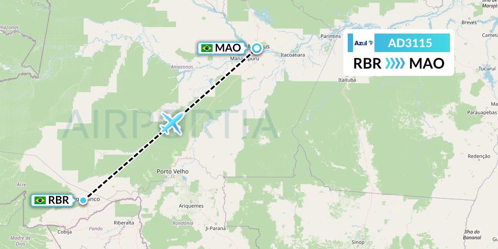 AD3115 Azul Brazilian Airlines Flight Map: Rio Branco to Manaus