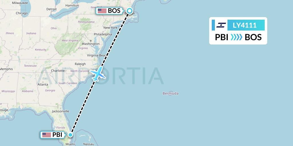 LY4111 El Al Flight Map: West Palm Beach to Boston