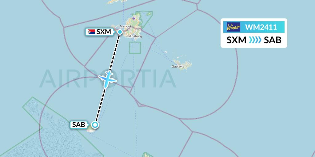 WM2411 Winair Flight Map: Sint Maarten to Saba