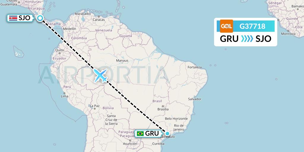 G37718 GOL Transportes Aeros Flight Map: Sao Paulo to San Jose