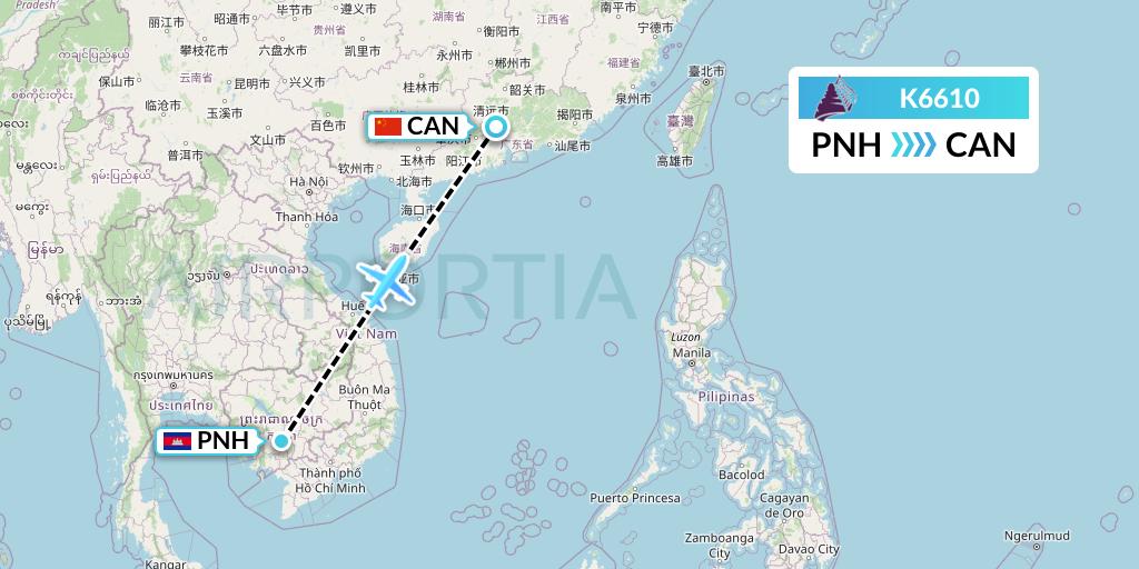 K6610 Cambodia Angkor Air Flight Map: Phnom Penh to Guangzhou