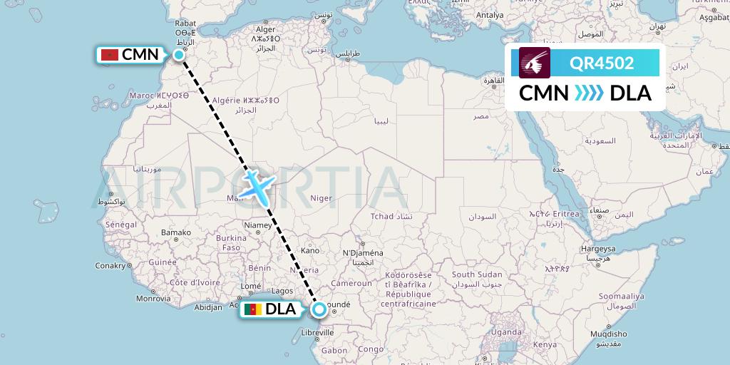 QR4502 Qatar Airways Flight Map: Casablanca to Douala