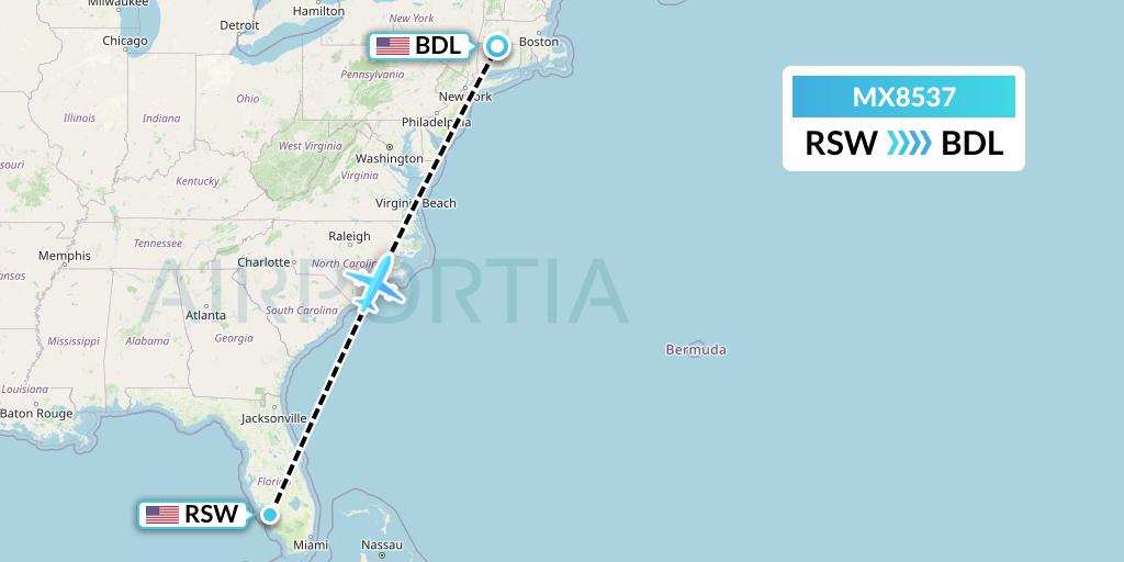 MX8537 Breeze Airways Flight Map: Fort Myers to Windsor Locks