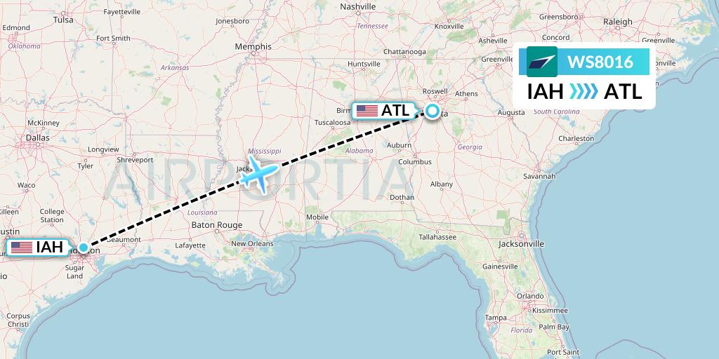 WS8016 WestJet Flight Map: Houston to Atlanta