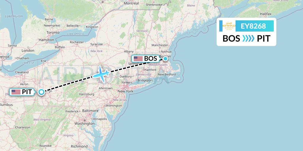 EY8268 Etihad Airways Flight Map: Boston to Pittsburgh