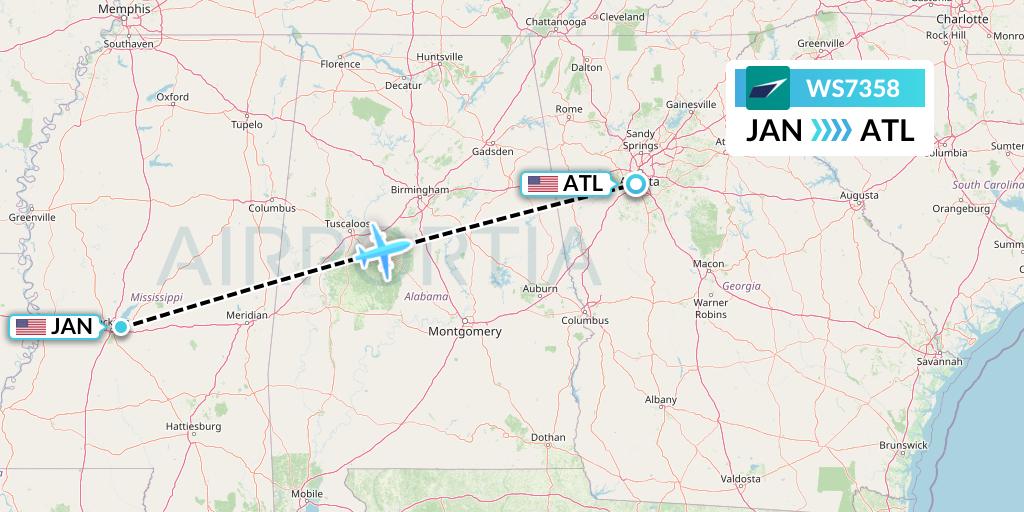 WS7358 WestJet Flight Map: Jackson to Atlanta