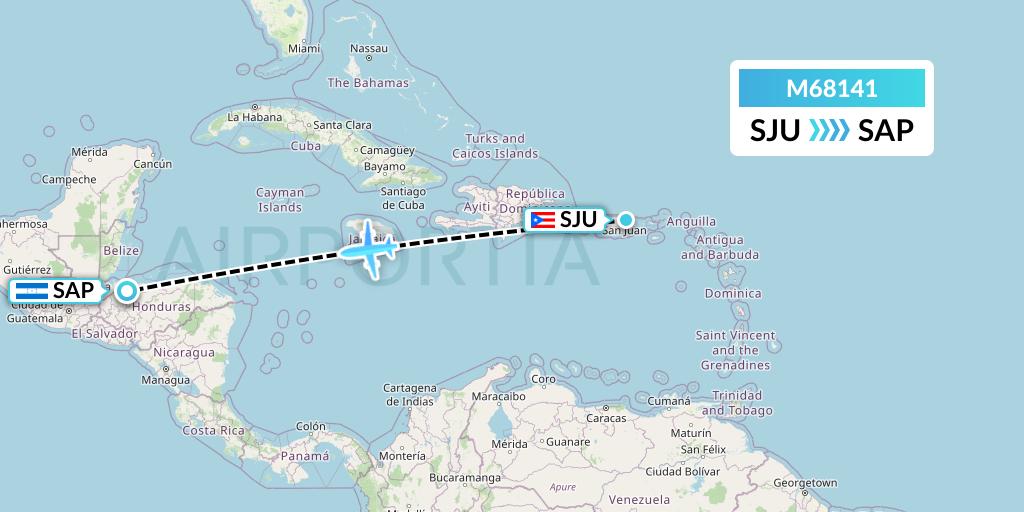 M68141 Amerijet International Flight Map: San Juan to San Pedro Sula