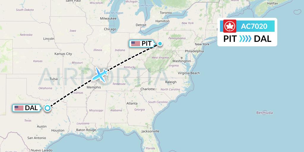 AC7020 Air Canada Flight Map: Pittsburgh to Dallas