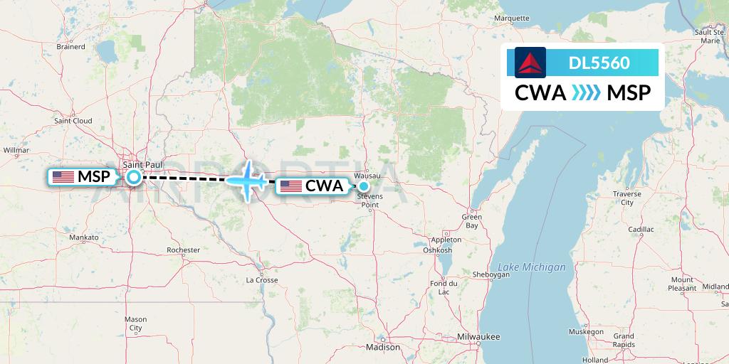 DL5560 Delta Air Lines Flight Map: Wausau to Minneapolis