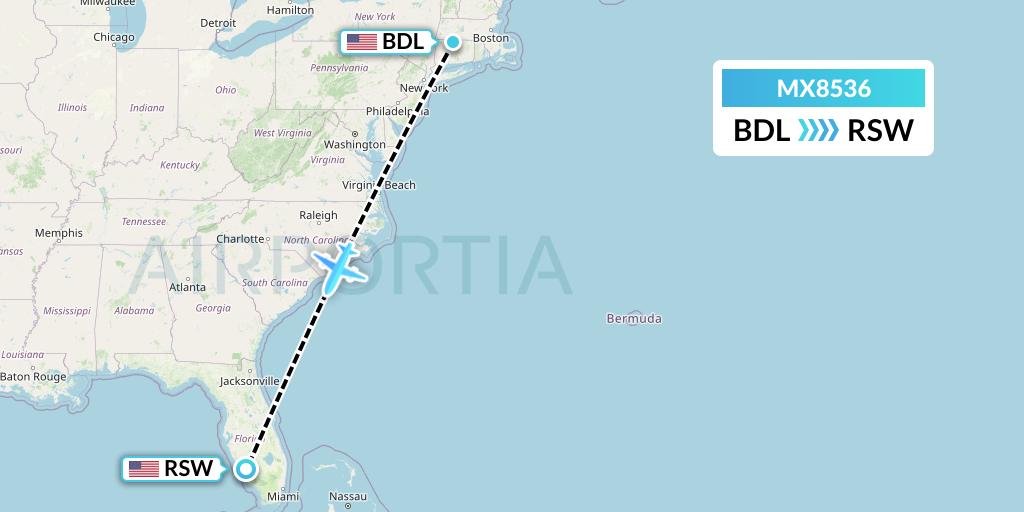 MX8536 Breeze Airways Flight Map: Windsor Locks to Fort Myers
