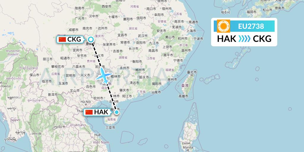 EU2738 Chengdu Airlines Flight Map: Haikou to Chongqing