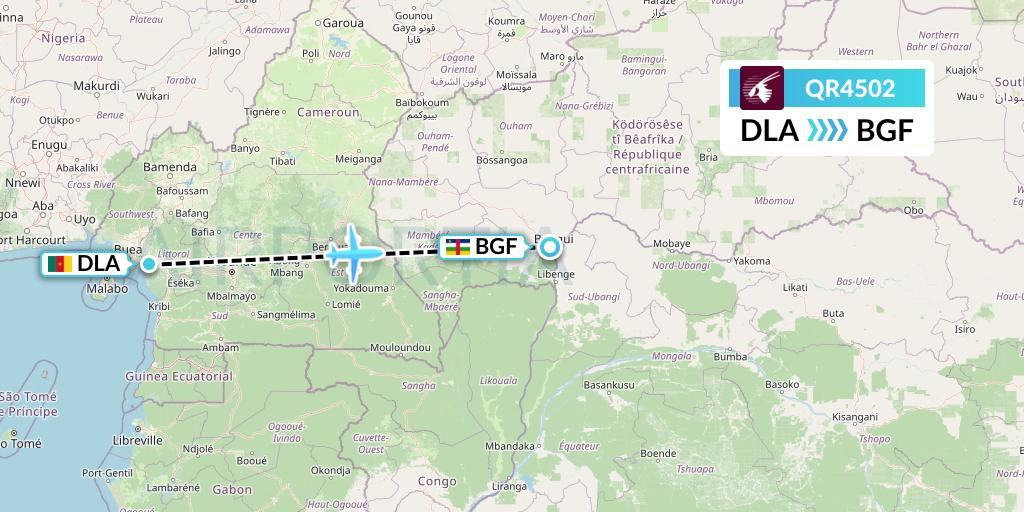 QR4502 Qatar Airways Flight Map: Douala to Bangui