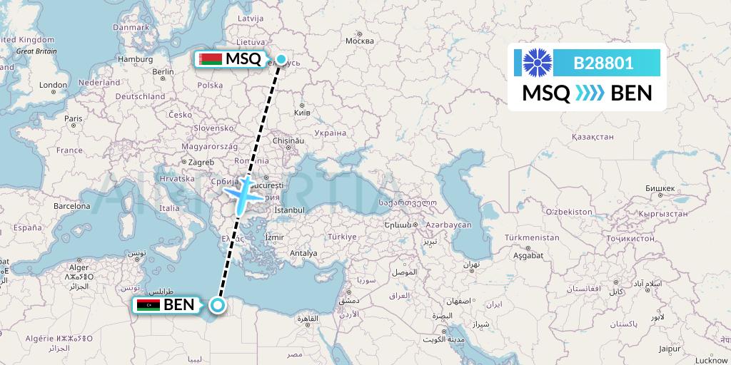B28801 Belavia Flight Map: Minsk to Benghazi