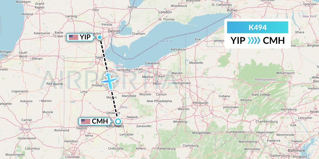 K494 Kalitta Air Flight Map: Detroit to Columbus