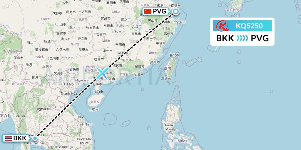 KQ5250 Kenya Airways Flight Map: Bangkok to Shanghai