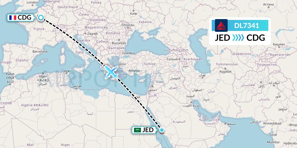 DL7341 Delta Air Lines Flight Map: Jeddah to Paris