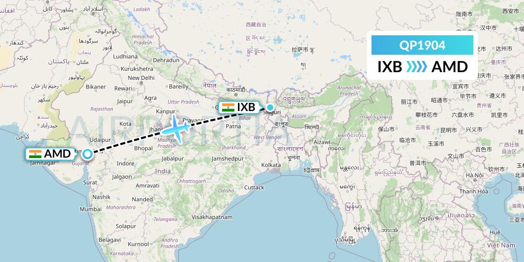 QP1904 Akasa Air Flight Map: Siliguri to Ahmedabad