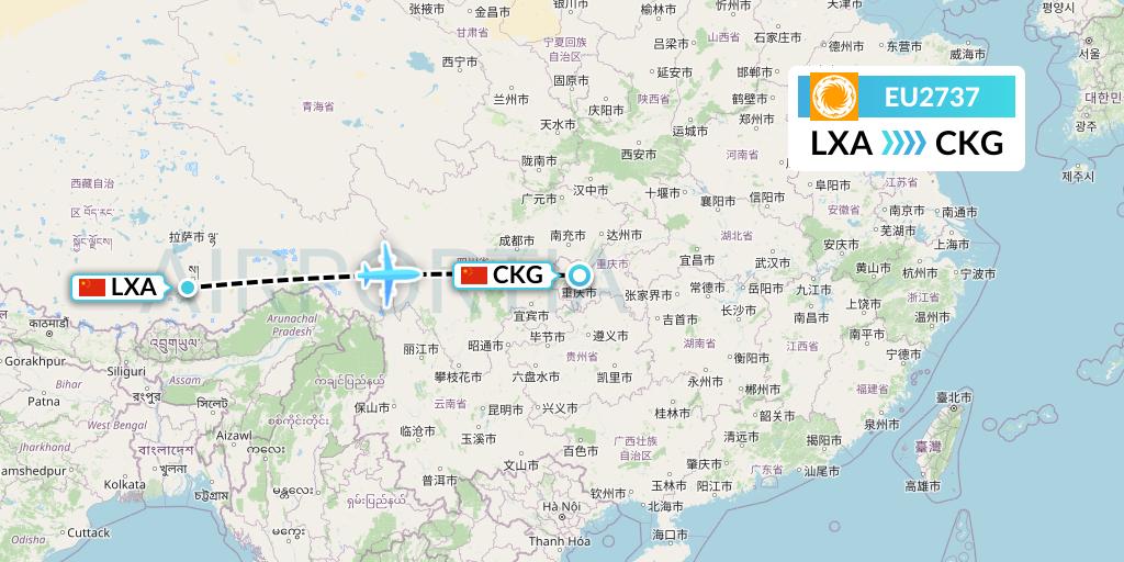 EU2737 Chengdu Airlines Flight Map: Lhasa to Chongqing