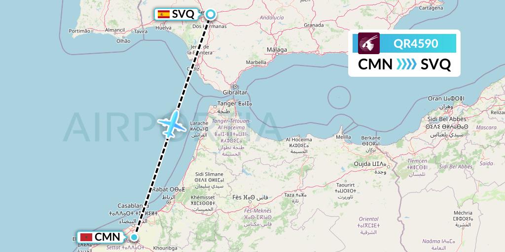 QR4590 Qatar Airways Flight Map: Casablanca to Seville