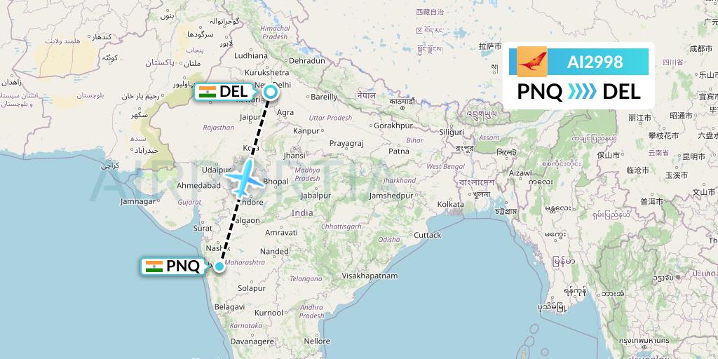 AI2998 Air India Flight Map: Pune to Delhi