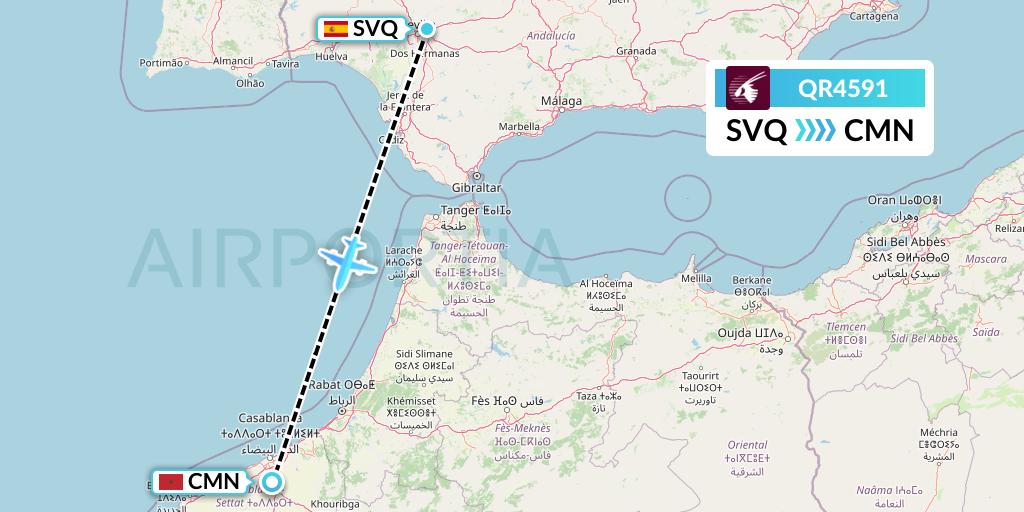 QR4591 Qatar Airways Flight Map: Seville to Casablanca
