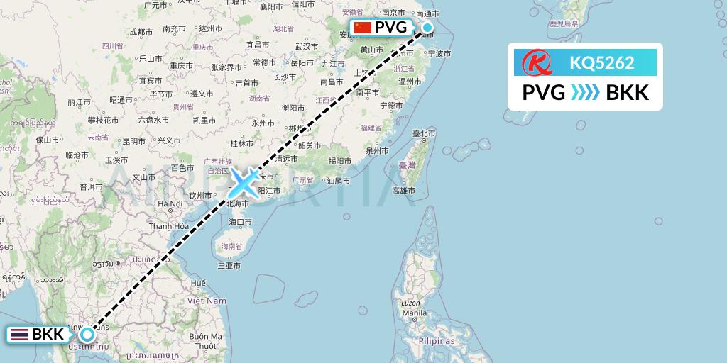 KQ5262 Kenya Airways Flight Map: Shanghai to Bangkok