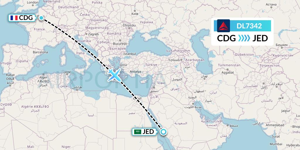 DL7342 Delta Air Lines Flight Map: Paris to Jeddah