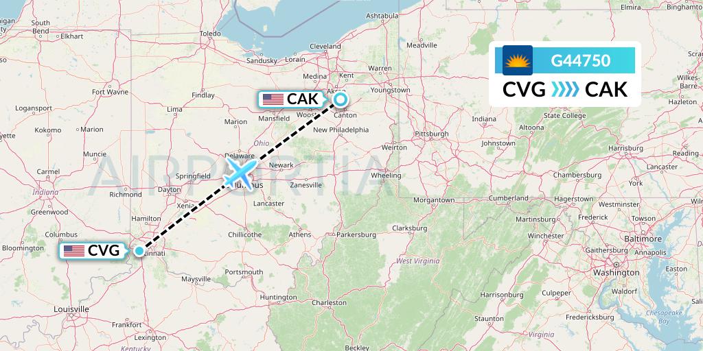 G44750 Allegiant Air Flight Map: Cincinnati to Akron