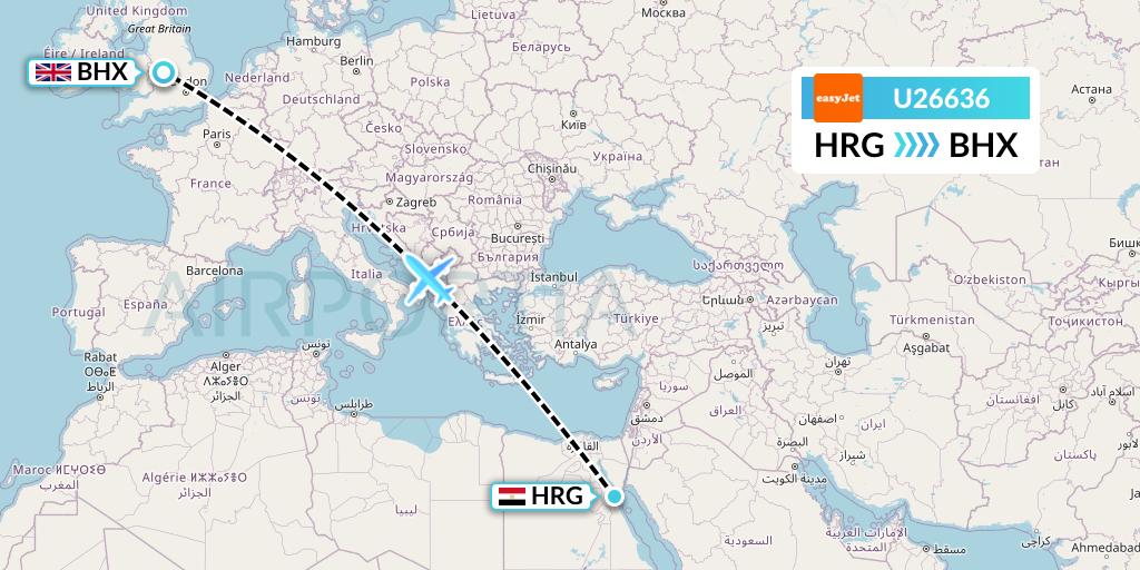 U26636 EasyJet Flight Map: Hurghada to Birmingham