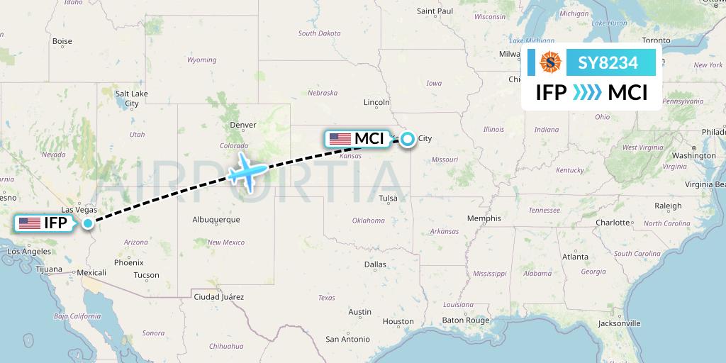 SY8234 Sun Country Airlines Flight Map: Bullhead City to Kansas City