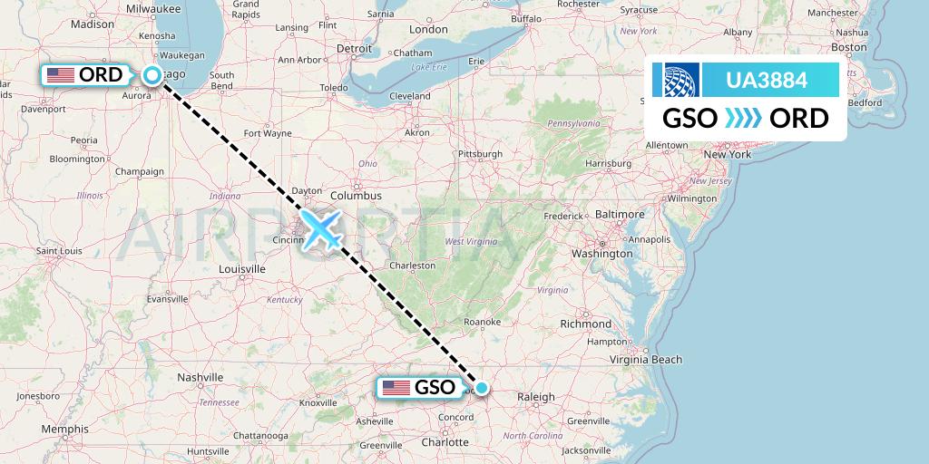 UA3884 United Airlines Flight Map: Greensboro to Chicago