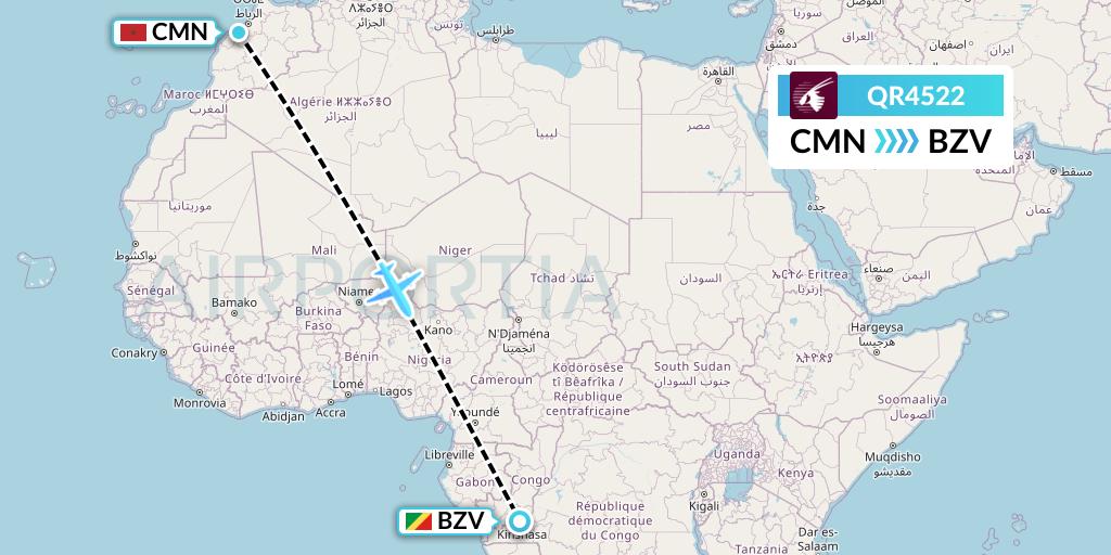 QR4522 Qatar Airways Flight Map: Casablanca to Brazzaville