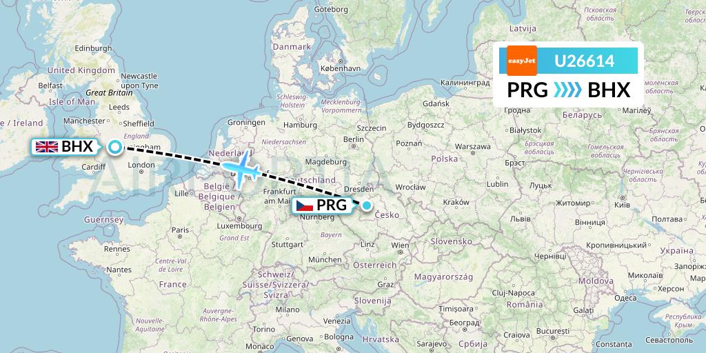 U26614 EasyJet Flight Map: Prague to Birmingham